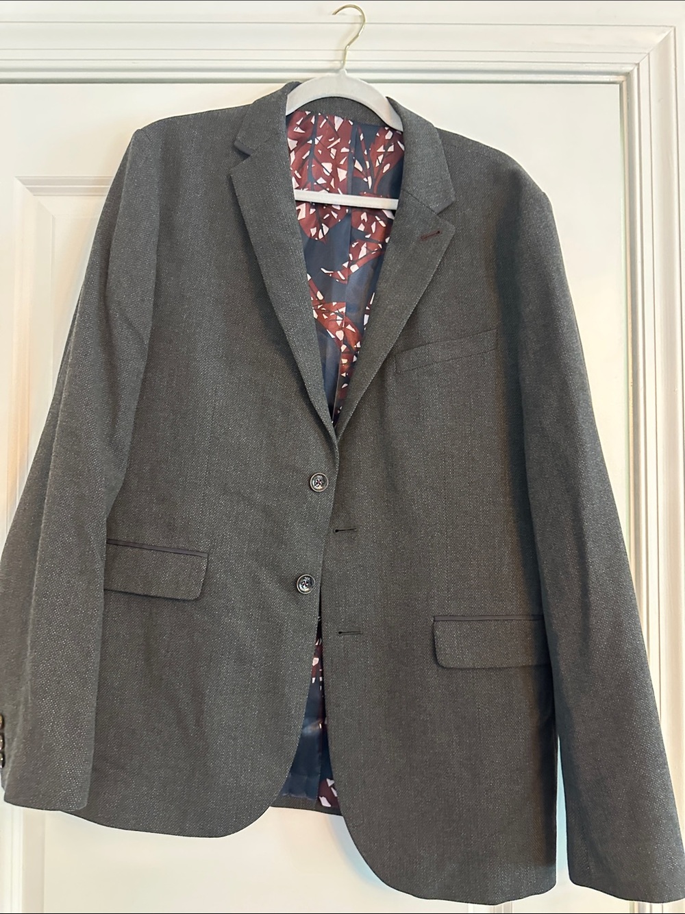 Ted Baker Men's Dark Gray Two-Button Blazer with Patterned Lining